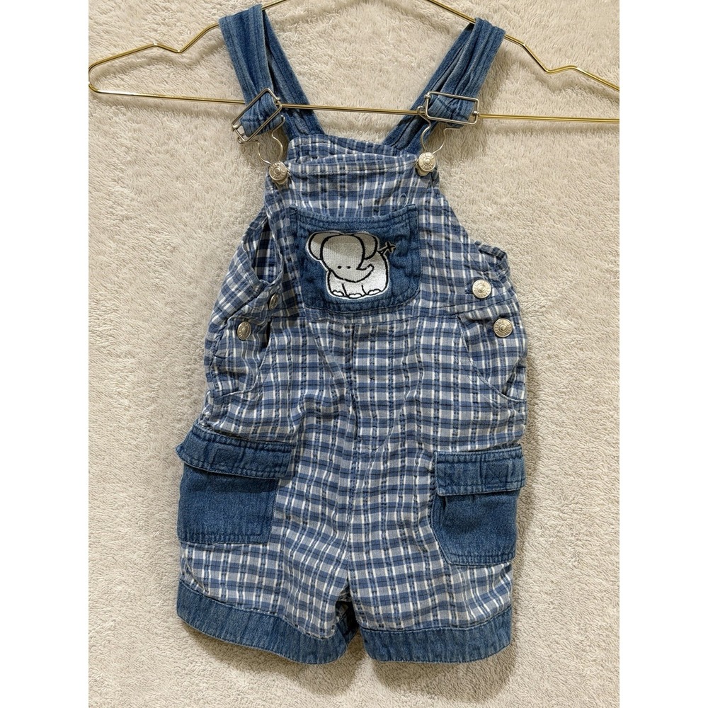 Vintage Sesame Street Short Overalls Elephant Zoo‎ Friends 24 Months Plaid Navy
